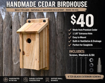 Handgemaakt ceder zangvogelhuis – 1 1/8 in toegangsgat, eenvoudig schoon te maken, nestkast voor paalmontage