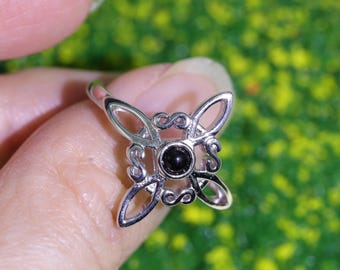 Witch’s Knot Obsidian Open Ring – 925 Sterling Silver Adjustable Wiccan Ring – Pagan Protection Jewelry Gift for Her
