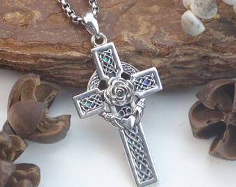Mothers Day Gift for Mom – Claddagh Cross Necklace 925 Sterling Silver, Celtic Irish Cross Jewelry Love Loyalty Faith