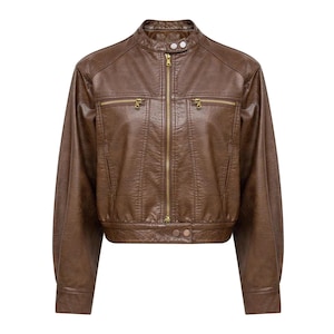 Chaqueta corta de cuero marrón para mujer / Chaqueta motera de piel de cordero auténtica / Abrigo corto con cremallera / Regalo para ella / Prenda exterior de cuero suave