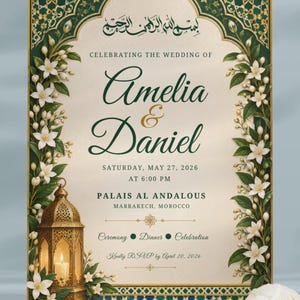 May include: A wedding invitation card featuring a cream background with dark green ornate borders, white jasmine flowers, and a gold lantern. The text reads: Celebrating the wedding of Amelia & Daniel, Saturday, May 27, 2026, at 6:00 PM, Palais Al Andalous, Marrakech, Morocco, Ceremony, Dinner, Celebration, Kindly RSVP by April 20, 2026.