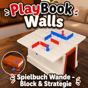 Può includere: Un gioco da tavolo intitolato PlayBook Walls con una superficie a griglia bianca, barriere rosse e blu e due pedine. Un riquadro mostra un libro arancione chiuso con l'etichetta WALLS e pezzi di gioco rossi e blu posati accanto.