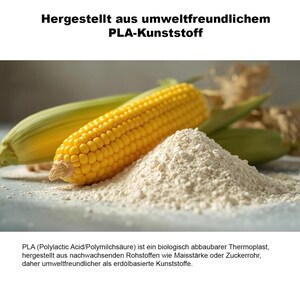 Puede incluir: Imagen en primer plano de una mazorca de ma&iacute;z amarillo brillante, un mont&oacute;n de polvo blanco y hojas verdes de ma&iacute;z. El texto en la parte superior dice: "Fabricado con pl&aacute;stico PLA respetuoso con el medio ambiente."