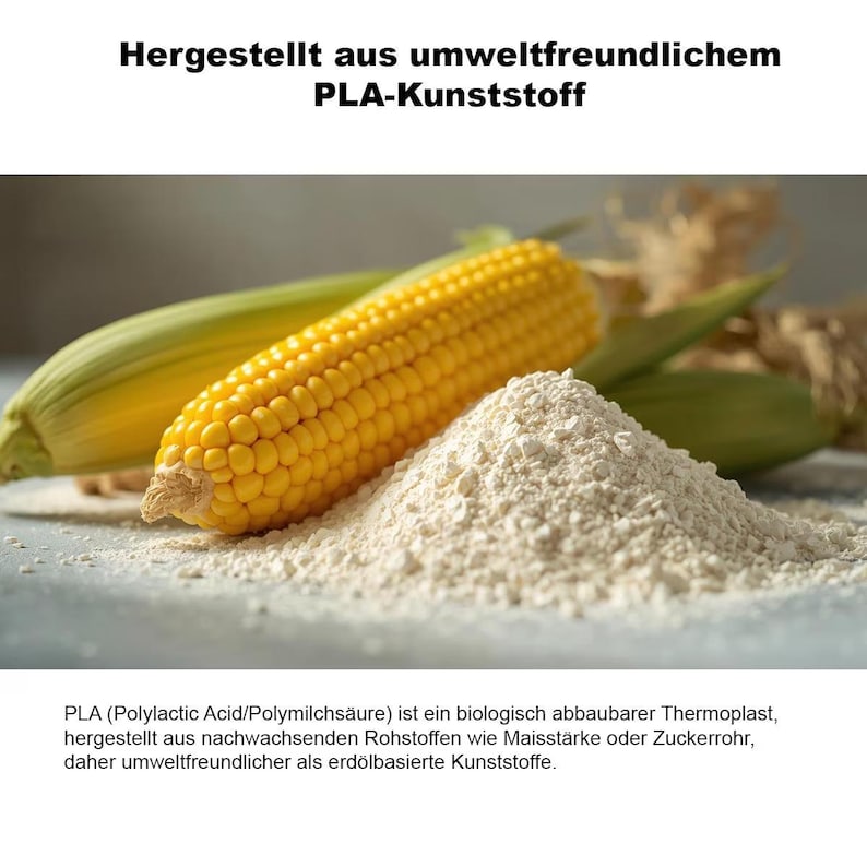 Puede incluir: Imagen en primer plano de una mazorca de ma&iacute;z amarillo brillante, un mont&oacute;n de polvo blanco y hojas verdes de ma&iacute;z. El texto en la parte superior dice: "Fabricado con pl&aacute;stico PLA respetuoso con el medio ambiente."