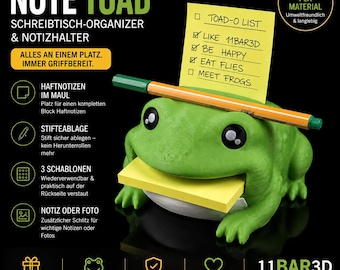 Note Toad | Frosch Schreibtisch-Organizer & Notizhalter | Sticky Note Halter mit Stifteablage | 3D-gedruckte Schreibtisch Deko