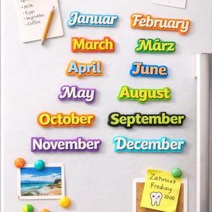 Puede incluir: Un frigorífico cubierto de coloridos imanes con los nombres de los meses, una lista de la compra y otros imanes decorativos. Las etiquetas de los meses son de varios colores y fuentes. También hay una foto y una nota sobre una cita con el dentista.