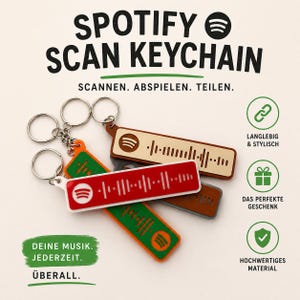 Könnte beinhalten: Drei rechteckige Schlüsselanhänger mit Spotify-Scan-Codes in Rot, Grün und Beige. Jeder Anhänger hat einen Metallring und zeigt das Spotify-Logo sowie einen scannbaren Audiocode. Der Text umfasst SPOTIFY SCAN KEYCHAIN, SCANNEN. ABSPIELEN. TEILEN., DEINE MUSIK. JEDERZEIT. ÜBERALL., LANGLEBIG & STYLISCH, DAS PERFEKTE GESCHENK und HOCHWERTIGES MATERIAL.