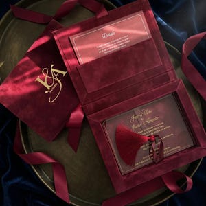 Custom Luxury Burgundy Velvet Box Wedding Invitation, Clear Acrylic Gold Foil Invite, Elegant Regal Stationery, Custom Quinceanera Suite