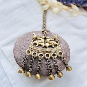 Vintage Kalevala-Two Horseman Pendant Necklace, Bronze Statement Jewelry with Bell Charms, Finnish Jewelry, Traditional Nordic, Pre-owned