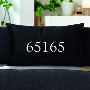 May include: Black rectangular cushion featuring the white numbers "65165". The cushion is placed on a dark grey sofa. The background shows plants and white furniture.