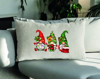 Christmas Gnome Pillow Cover – Cute Red Green Holiday Burlap Cushion With 3 Gnomes Design For Winter Home Decor Or Festive Gift Accent