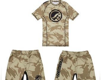 Shoyoroll Tan Camo Jiu Jitsu Training ausgestattet Rash Guard SS und Shorts