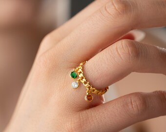 Personalized Sterling Silver Birthstone Ring: Custom Initial Charm Stacking Ring