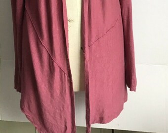 45" Bust 100% LINEN Lagenlook Wine PIXIE CottageCore Dusty Rose Gypsy Layering Office Duster Evening Duster Artisan NY 34" long Front