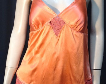 90's GUESS Jeans PURE Silk Cami Padded Cups Crochet Lace Coral Tassles Spaghetti Straps Sleeveless Straps XL Coral Tones Empire