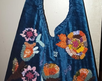 NWT PANNE' VELVET With Pure Silk Lush Hand Beaded Blue Hobo Bag Tote By "Steve Madden" Sumptuous Heavenly Soft Boho Bohemian Chic Gypsy Lg