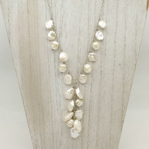 FRESH WATER PEARLS Sterling Necklace Cluster Flapper Silver Gatsby Rhinestones On Pearls Long Y Shaped Iridescent Signed Baroque CottageCore