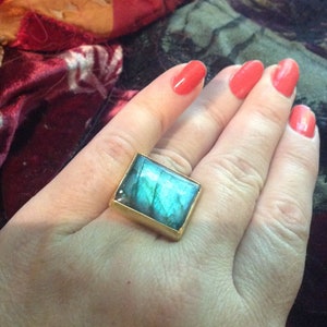 New OLD Stock~LABRADORITE~Hand~Hammered~GOLD~Chunky~Square~Mystic~Ring~8~Square Cut Sparkling Fairy~Steampunk~Gypsy~Baroque ~Sz Size 8.5