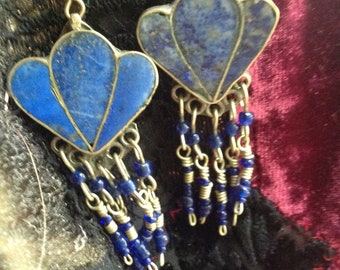 Vintage LONG Lapis LAZULI Earrings LOTUS Shaped