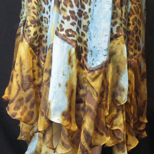 NWT~SUEWONG~Diaphanous~Pure SILK~Chiffon~Stevie Knicks~Turquose Cheetah Print~Ruffles~Pixie~Scarf~Hem~Ruched~Empire Waist~Cocktail Dress~12