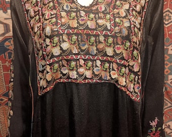 Antique PALESTINIAN SILK Sateen EMBROIDERED Dress Thob 60's  Bedouin Dense Embroidered Bat Sleeves  Shimmery Tribal  Rare Spring Xl