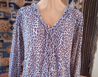 90's New With Tag CHEETAH Print SUPER Comfy Stertchy Ruffled Tunic Blouse Leopard Flared Sleeves Designer Boho Bohemian SoOoOft Material 3X