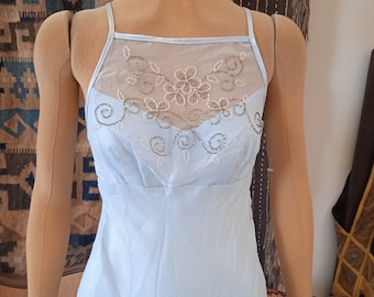 Roaring 90's Nwot Hand BEADED Chiffon Over LUSH SATIN Sky Blue Empire Waist Gown Fairy Diaphanous Criss Cross Back Elegant Bias Cut Renn Xs