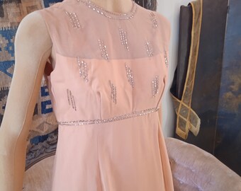 Original 1960's SILVER Hand BEADED Coral PEACH Colored Ball Gown Chiffon Maxi Classic 60's Glamour Glamorous Long Silver Bugle Beads S-M