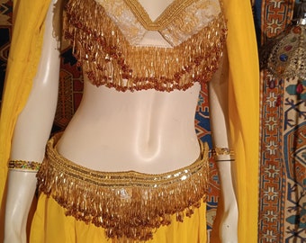 70's 7 Pieces HAND Made BELLY Dance Costume~Golden Bugle Beads~Fringed~With Skirt & Veil~Adorable~Bellydance~Dancer~34" Hips 34" a-c Bra