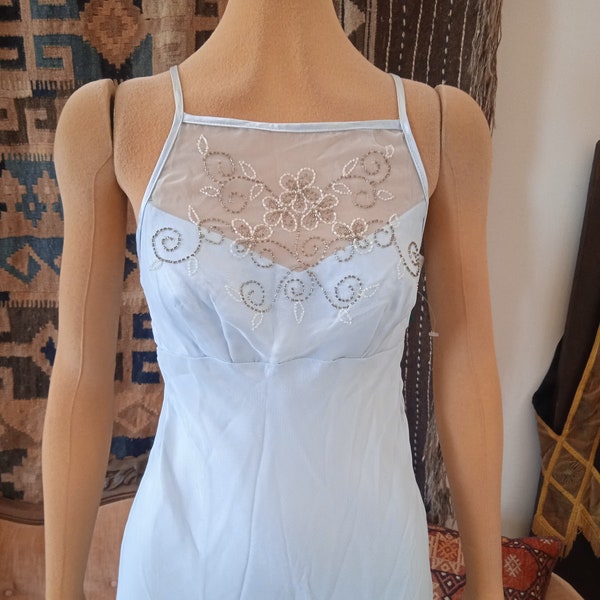 Roaring 90's~Nwot~Hand BEADED~Chiffon Over LUSH SATIN~Sky Blue~Empire Waist~ Gown~Fairy~Diaphanous~Criss Cross Back~Elegant~Bias Cut~Renn~Xs