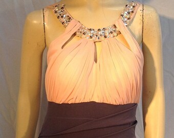 42" Bust BLING STRAPPY STRETCHY Fitted Y2K Bejwellled Dusty Rose Nude Diamonds Cocktail Snazzy Sexy New Old Stock Ruched Skirt Built In Bra