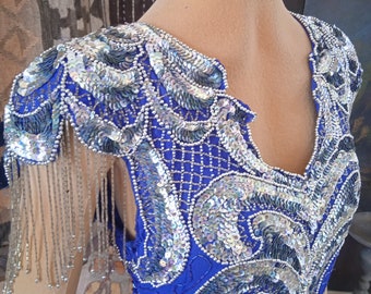 1980's~Original~HAND~Beaded~LAVISH~Fully Saturated~Sequins and IRIDESCENT~Blue Beads~Silver Opalecent~Silver~Beads~Gown~Pure Silk~Tassles~S