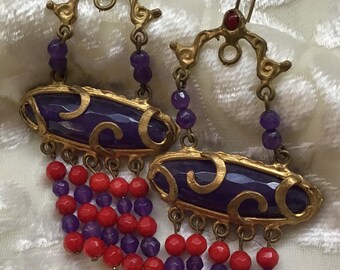 BAROQUE~Style~Faceted Amethysts~CHANDELIER~Gold Washed~LONG Earrings~Red And Purple
