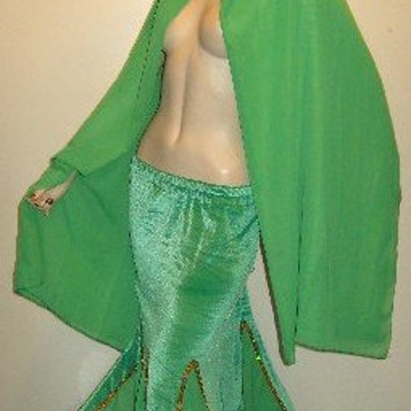 New~MERMAID Skirt Lush VELVET Hand Stitched Iridescent SEQUINS~Green With Chiffon 9' Foot Veil~Belly Dance BellyDance Tribal~M-Xl