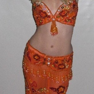 DIVINE Hand BEADED SATURATED Orange Flapper Professional Belly Dance Costume~5 Pieces Mermaid Skirt Mata Hari Burlesque Saffron Flapper