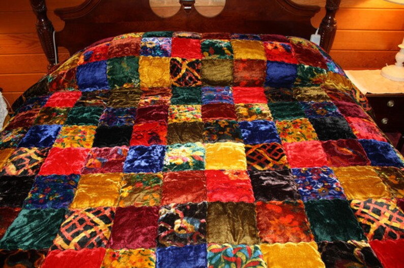1970's Hippie Chic VELVET PATCHWORK Quilt Bedspread King Etsy