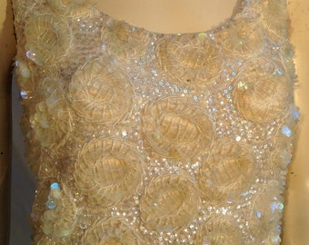 34" Bust MERMAID DISCS CLUSTERS Hand Beaded Top Shirt Blouse Showgirl Cocktail Party Club Wear 1960's 60's Showgirl Shiny Sparkling Small