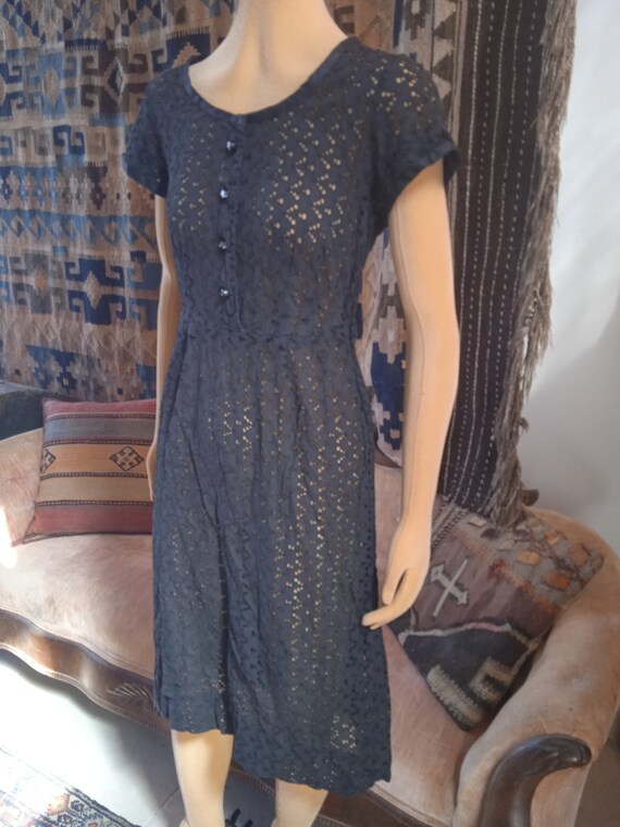 ORIGINAL 40's-50's~EYELET Lace~Black Dress With R… - image 4