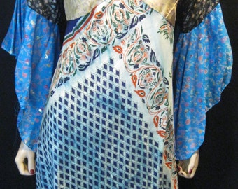 RECYCLED Patchwork SILK Empire Sari Butterfly Sleeves Fairy Diaphanous Bis Cut Dress M Fairy Dress Jewel Tones Flowy Soft Tribal Burning Man