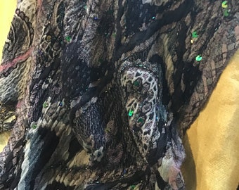 Metric HEAVENLY Ruched All MERINO Wool BEADED Sequins Stretchy Shawl Scarf Paisley