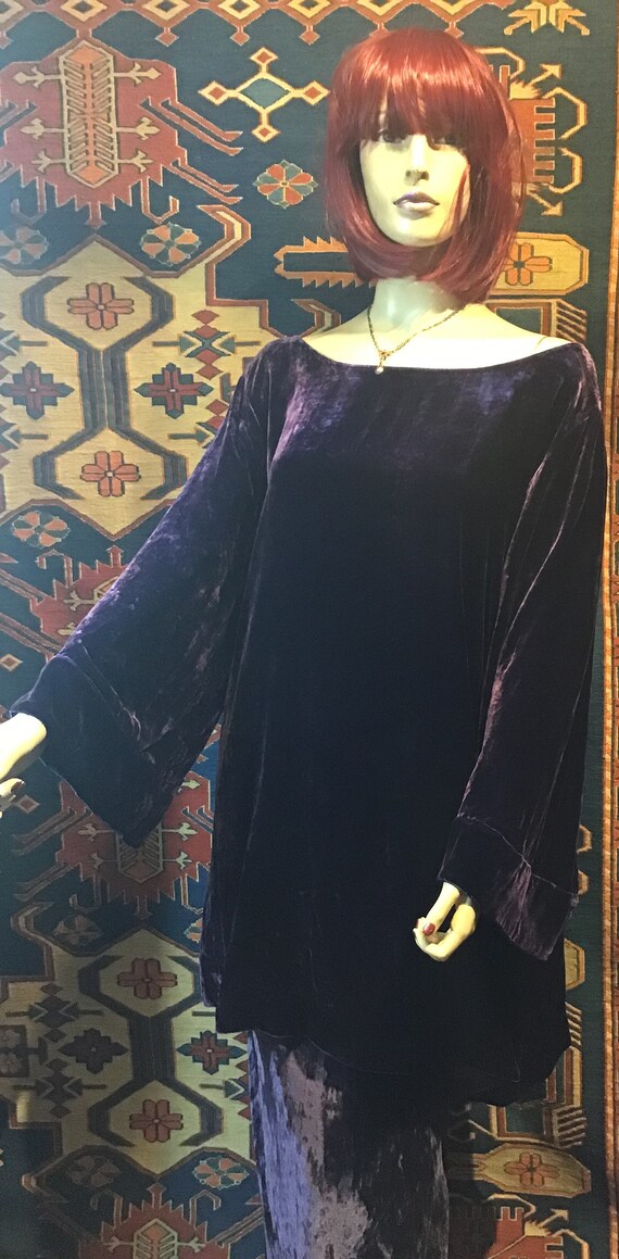 PURPLE~Silk VELVET~TUNIC~Blouse~Flared Sleeves~Plu