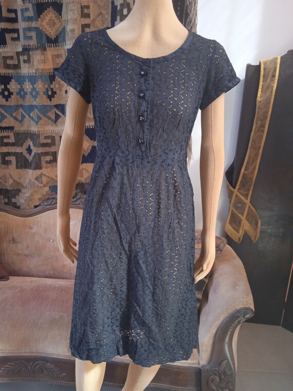 ORIGINAL 40's-50's~EYELET Lace~Black Dress With R… - image 5