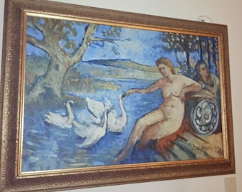 ORIGINAL OOC STUNNING Painting By Maine Artist Michael Waterman Signed & Titled "Joan Of Arc" Maiden With 3 Swans Lake Landscape 37" x 24"