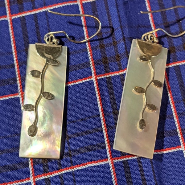 BALI~Sterling~MOP~Dangling Leaf Motif Earrings~CottageCore~Rectangle~Square Cut~Bohemian Delicate~Mother Of Pearl~Leaves~Autumn Fall Abalone