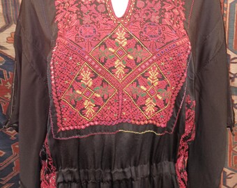 Antique PALESTINIAN SILK Sateen Minty EMBROIDERED Dress Thob 60's  Bedouin Dense Embroidered Bat Sleeves  Shimmery Tribal M+ Rare Spring