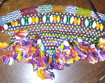 AUTHENTIC BEDOUIN Sinai Desert BEADED Bib Necklace Hand Made Vintage Rare Lovely Glass Beads Nomadic Art Striking Beautiful Mint