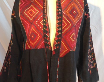 Antique Palestinian Minty Rare SYRIAN SILK EMBROIDERED Open Robe Bedouin Miniature Embroidery Hand Made Canvas Indigo Cotton Museum Piece
