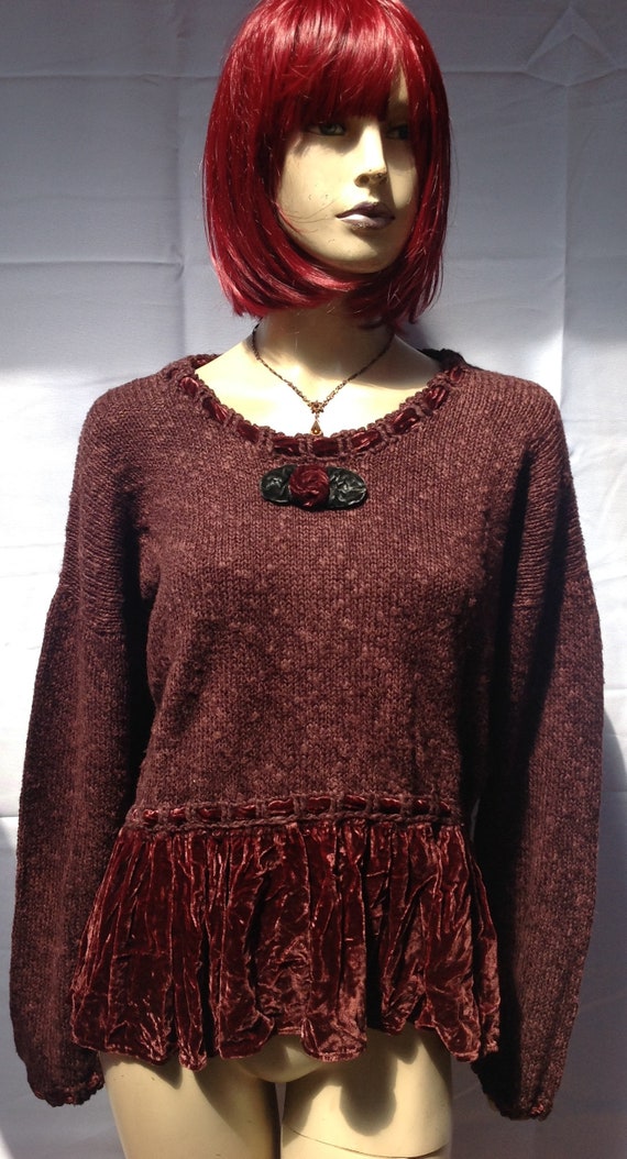 52" Bust Hot KNOTS~BURGUNDY HAND Knitted Sweater~… - image 2