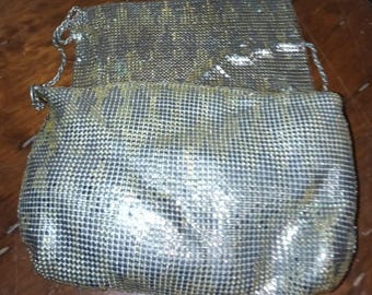 1960's MESH SHIMMERY MOD Whiting & Davis Style Silver W/Tinge of God Padded Flap Top Elegant Chic Brand Smooth Touch Long Strap Sparkling