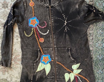 48" Bust PATCHWORK COTTON NEPAL Embroidered Gypsy Hooded Pockets Jacket Zipper Rising Int'l Soft Comfy Woodstock 3X Patches Hand Embroidery
